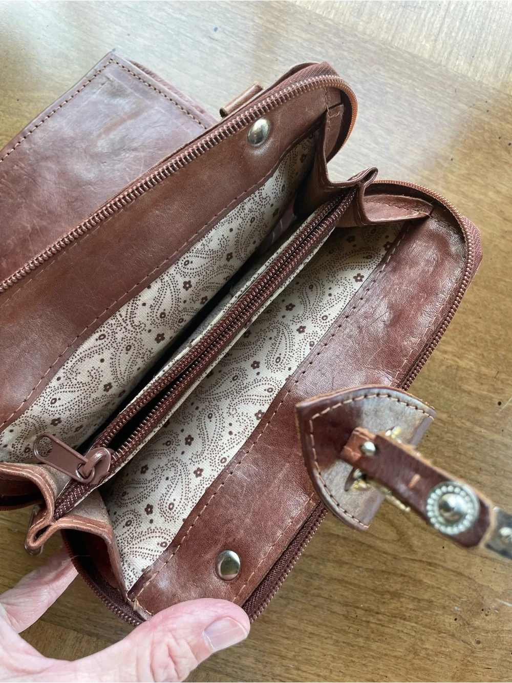 Vintage Western Brown Tooled Leather Clutch with Silver & Gold Tone Buckle